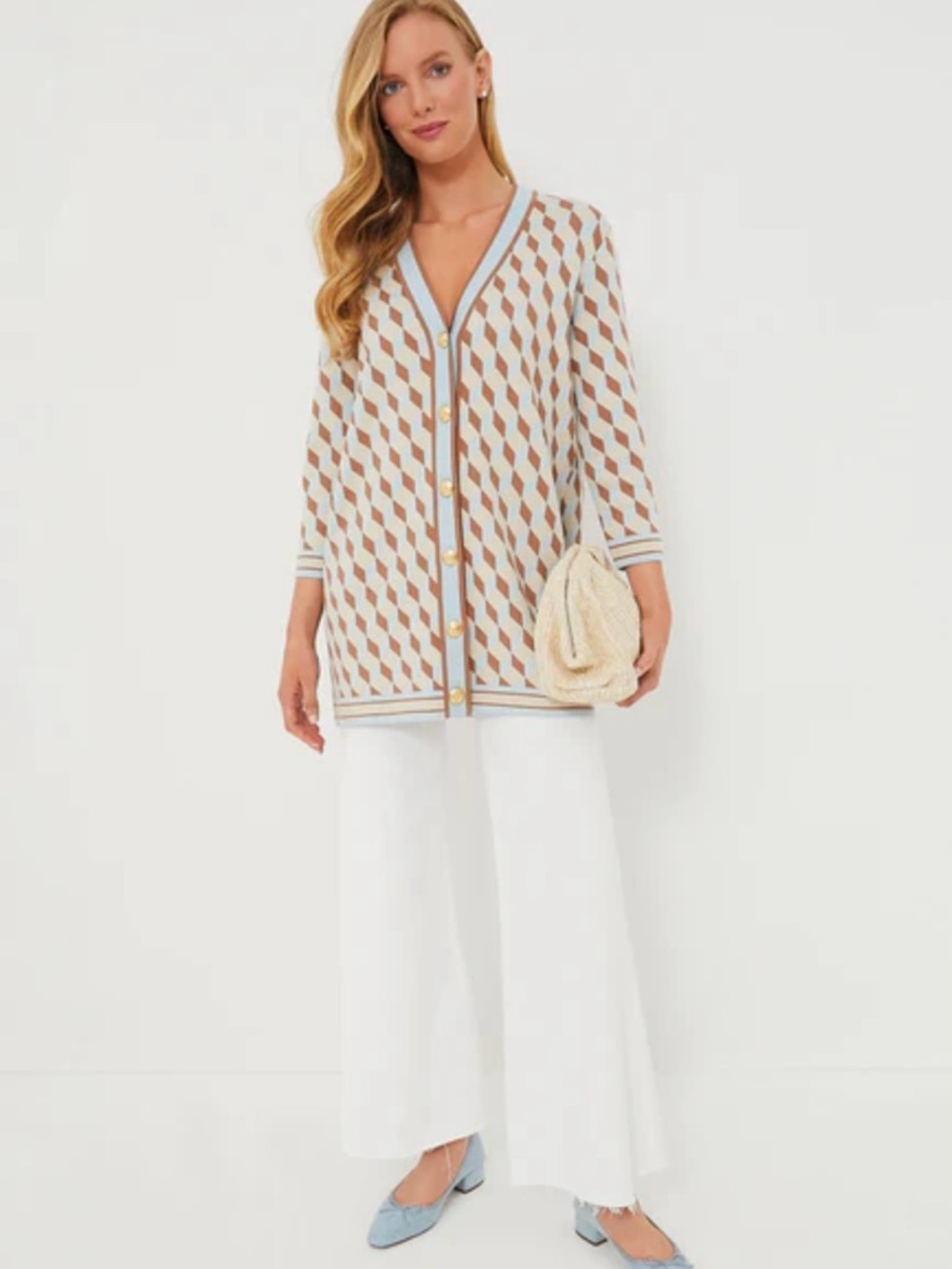 Tuckernuck Ocean Spray Liv Print Button-Front Cardigan in Light Blue & Brown